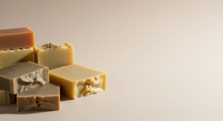 handmade soap slices, minimal modern composition, unique corner or copy room, soft light,
