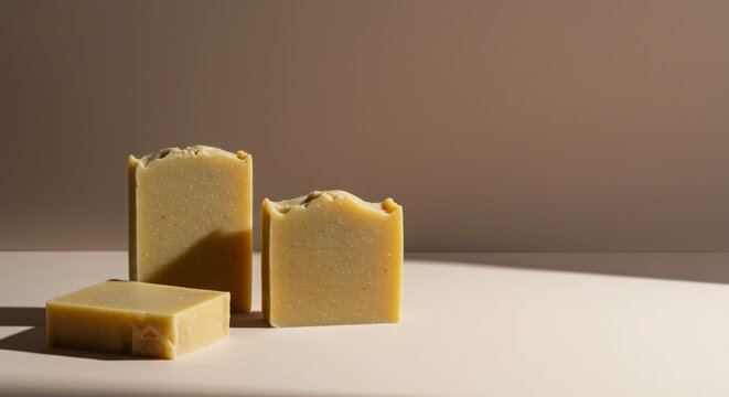 handmade soap slices, minimal modern composition, unique corner or copy room, soft light,