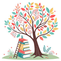 a whimsical tree with colorful leaves, books, a ladder, and other nature elements, digital art, vibrant colors, playful, cute, fantasy, magical, highly detailed, 4k
