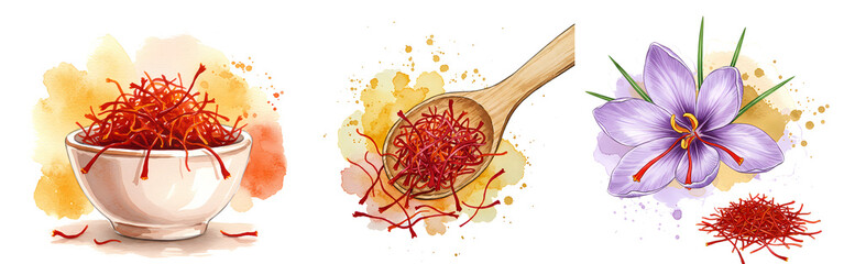 A watercolor style depiction of saffron threads in bowl, spoon, and with a crocus flower bloom on transparent background