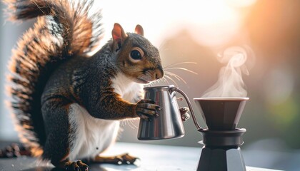 A charming squirrel is busy making a fresh pour-over coffee. This humorous image captures the animal pouring from a metal carafe with steam rising, perfect for unique coffee or nature themes.