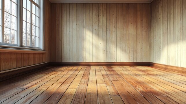A wooden room with a window and sunlight streaming in.