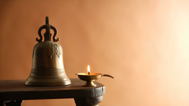 Golden Krishna Janmashtami bell and diya oil lamp representing Hindu celebration