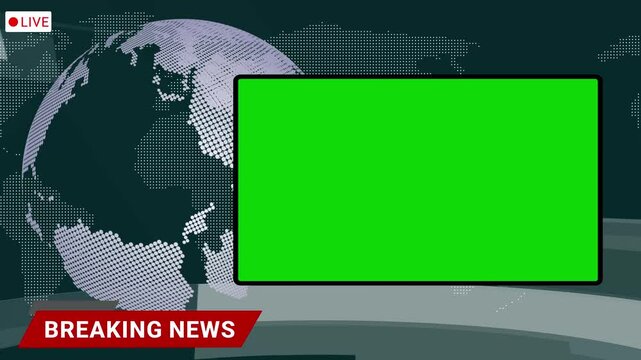 Green Screen Breaking News, Global Earth rotating Digital World News Studio for Live News report, Background with Blue Color. Global Earth rotating Digital World, intro, tv