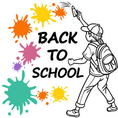 cartoon character walking, backpack, back to school, colorful splatter paint design, flat style, vector illustration
