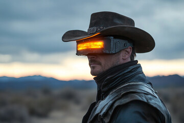 Modern Futuristic Cowboy Wearing High Tech Goggles and Rugged Outfit with Desert Weapon Gear in Wild West Generative AI