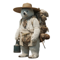 Polar bear dressed in safari clothing with backpack holding lantern on transparent background Bear wears straw hat and