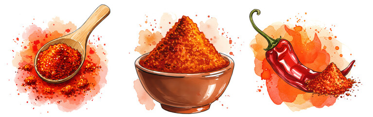 Three images showing a wooden spoon with powder a bowl with powder and a chili pepper with powder on transparent background