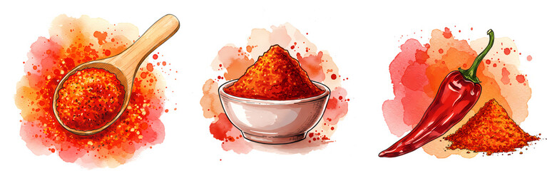 Three watercolor images of spice, powder in a bowl, spoon, and whole pepper, on a white canvas texture on transparent background