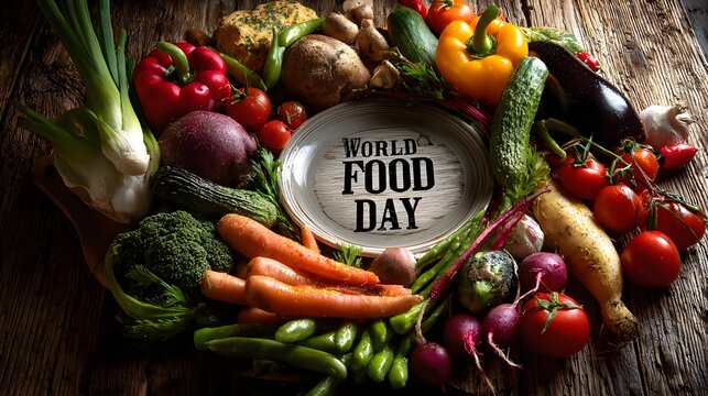 Fresh Organic Vegetables Surrounding World Food Day Plate on Rustic Table perfect for healthy food lifestyle promotions, educational nutrition materials and sustainable farming advertisements