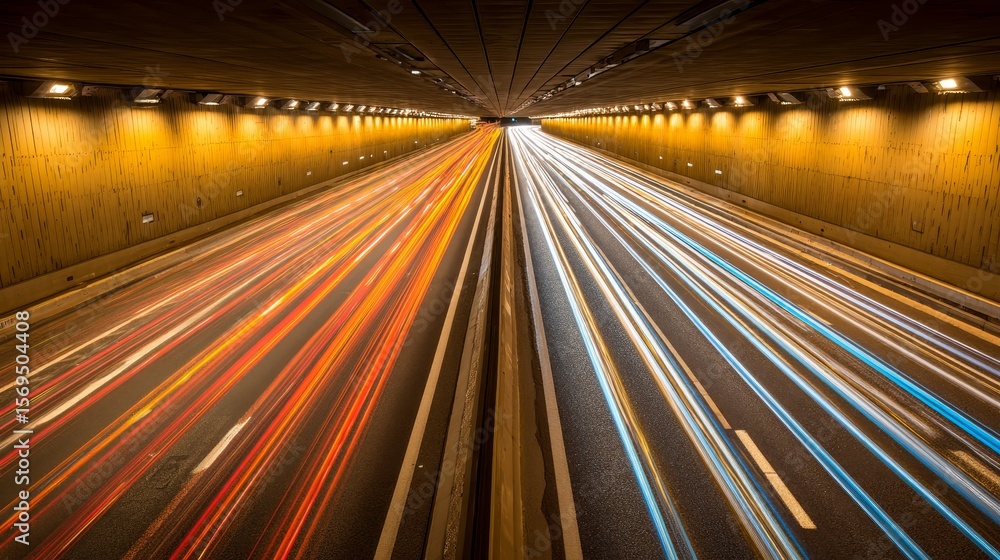 Poster fast motion light trails in tunnel with vanishing point perspective. abstract concept of speed, move