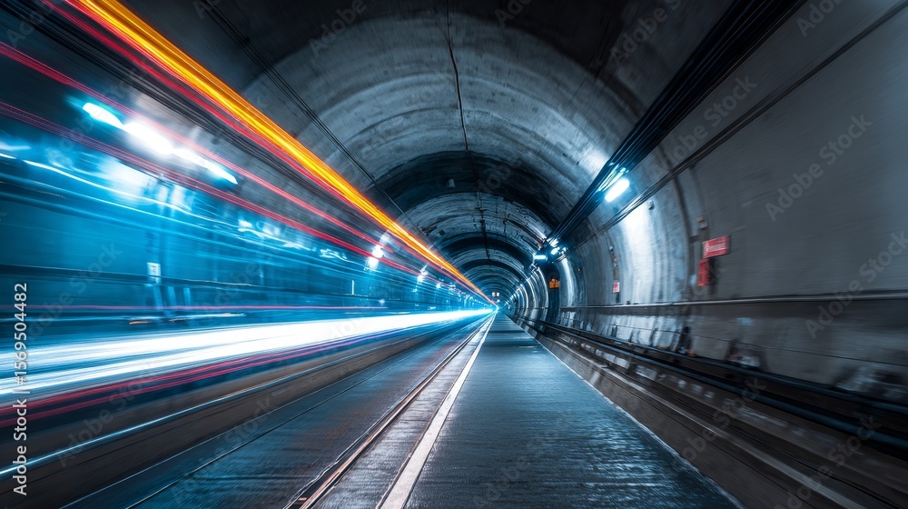 Poster fast motion light trails in tunnel with vanishing point perspective. abstract concept of speed, move