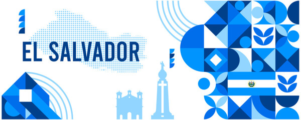 Colorful Geometric El Salvador Banner with Cultural Symbols and Flag Elements