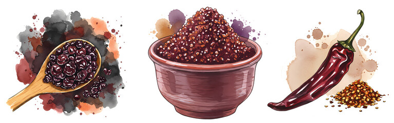 A watercolor style image of beans in a spoon, bowl, and a chili pepper with spice flakes art on transparent background