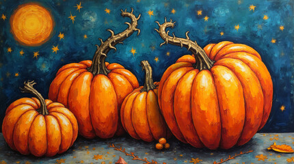 Abstract orange pumpkins against a starry sky with moon