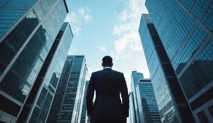 A businessman in a suit stands with his back to the camera, looking up at towering skyscrapers under a bright sky.
