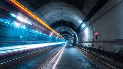 Fototapeta premium Fast motion light trails in tunnel with vanishing point perspective. Abstract concept of speed, movement, energy, urban transportation, futuristic travel and modern technology