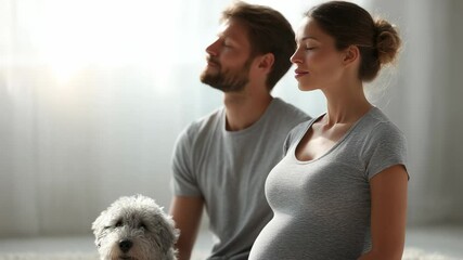 Expecting parents contently share a peaceful moment with their dog in a softly lit home environment - Powered by Adobe