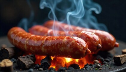 Artisan Smoked Sausages Gently Smoking Over Wood Chips Outdoors, Creating a Delicious Aroma. Rich Colors and Lazy Smoke Curls Highlight the Flavorful Meat.