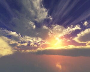 Flight among the clouds, Stormy sky, sunrise or sunset among fabulous clouds, panorama of clouds, 3D rendering