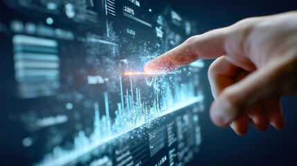 A close-up captures a hand interacting with a glowing, holographic digital interface, symbolizing the intuitive control and innovation of futuristic technology.