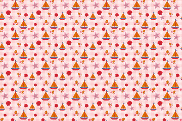 Seamless sailboats starfish seashells pattern with swatch template in swatches panel, cute pink marine gingham vector background