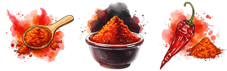 Various depictions of chili powder with a spoon bowl and whole pepper on a colorful splash design on transparent background