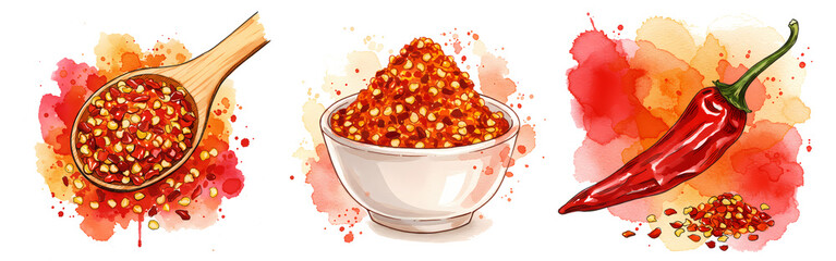 Artistic depiction of chili flakes in a spoon bowl and whole pepper with watercolor splashes around them on transparent background