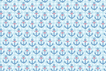 Seamless anchors with pink bows nautical pattern with swatch template in swatches panel, cute blue gingham marine vector background