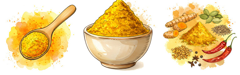 A watercolor style depiction of turmeric powder in a spoon and bowl with various spices around it on transparent background