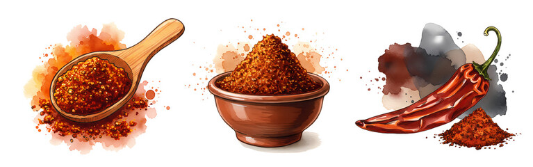 A watercolor depiction of chili flakes in a spoon, bowl, and next to a whole chili pepper artfully arranged on transparent background