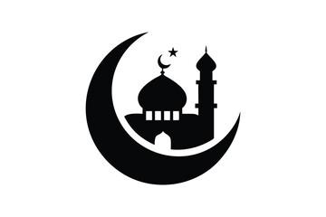 Elegant Crescent Moon and Mosque Silhouette: Islamic Faith, Ramadan, Eid al-Fitr, Eid al-Adha, Spiritual, Religious, Peaceful, Night, Black and White Vector Graphic Design, Ideal for Cards, Websites, 