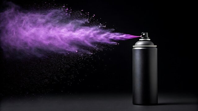 Ai generated image of purple spray paint cloud bursts from an aerosol can on black