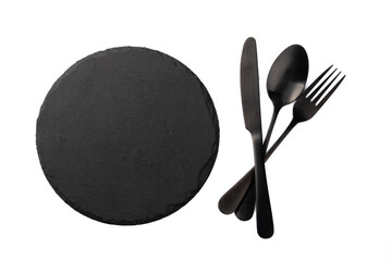 Empty black stone plate on white background