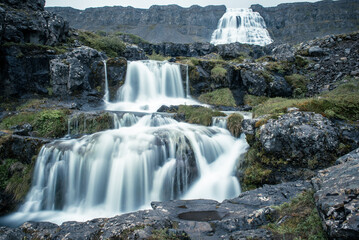 Dynjandi is one the most famous waterfall of the West Fjords of Iceland at summer