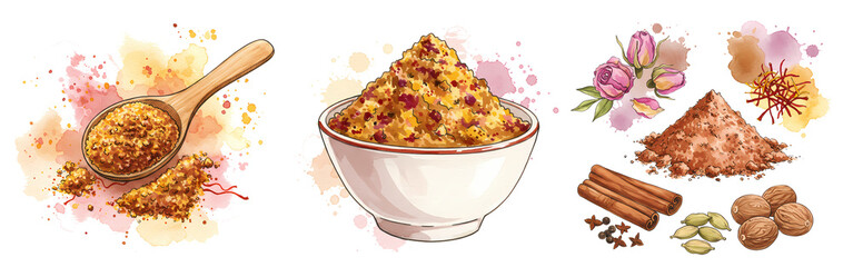 Watercolor depiction of spices in a bowl and spoon with cinnamon sticks and flowers on white canvas on transparent background