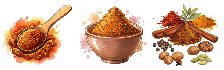 A watercolor style image featuring various spices such as cinnamon and nutmeg with a wooden spoon and bowl on transparent background
