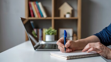 Person writing in a notebook at a desk near a laptop shows working from home, creative process, or journaling with open laptop in the background.