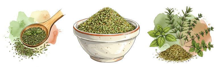 A watercolor style depiction of various herbs in a bowl and spoon with watercolor splashes around them on transparent background
