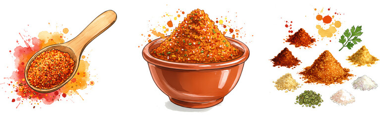 A wooden spoon with spices next to a bowl and piles of different spices on a plain background on transparent background