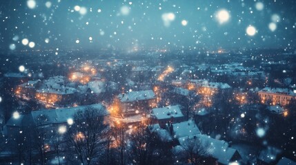 Serene winter cityscape awash with ethereal snowfall and soft glowing lights