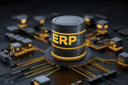 ERP software business operation. Database performance. Integration strategy. Database stack with ERP system labels and identifiers.