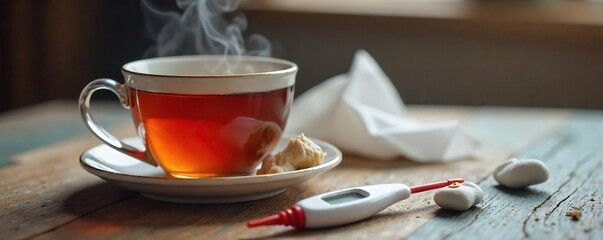 Soothing Winter Remedy Steaming Mug of Tea with Tissues, Thermometer, and Cough Drops on Rustic Wood