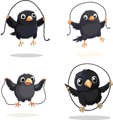 cute Crow jumping rope vector style on white background 