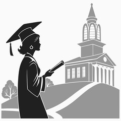 silhouette of a person in graduation cap and gown, traditional university campus building, architectural details, landscape elements, monochrome, detailed, digital art
