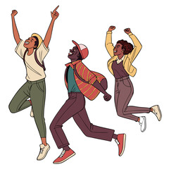 highly energetic dance moves, stylized figures, vibrant colors, dynamic poses, expressive character designs, lively illustration, bold linework, youthful energy, urban street art aesthetic, contempora