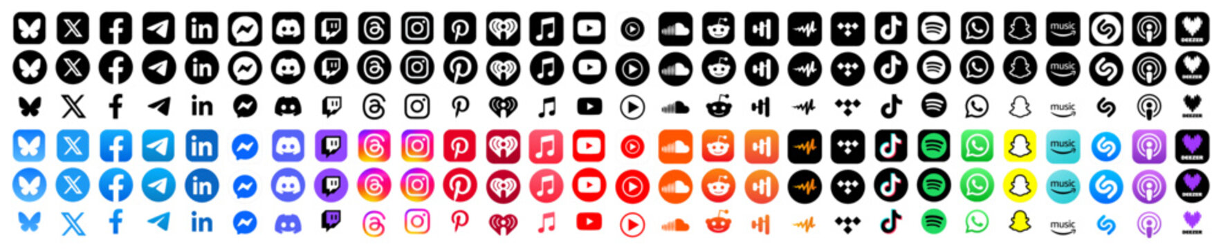 Threads, Instagram, TikTok, X, Facebook, Whatsapp, Twitter, YouTube, Telegram, Snapchat, Pinterest, Reddit, Messenger, Deezer, Bluesky, Spotify and LinkedIn app icons. Set of social media logos