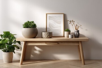 Wooden console table with decor