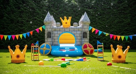 Vibrant bouncy castle with festive flags and golden crowns on a lush green lawn, creating an ideal outdoor play area for children's joyful parties.