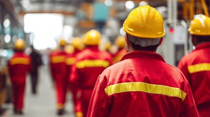 Team of industrial ised workers in red uniforms and yellow safety helmets stand together in the...